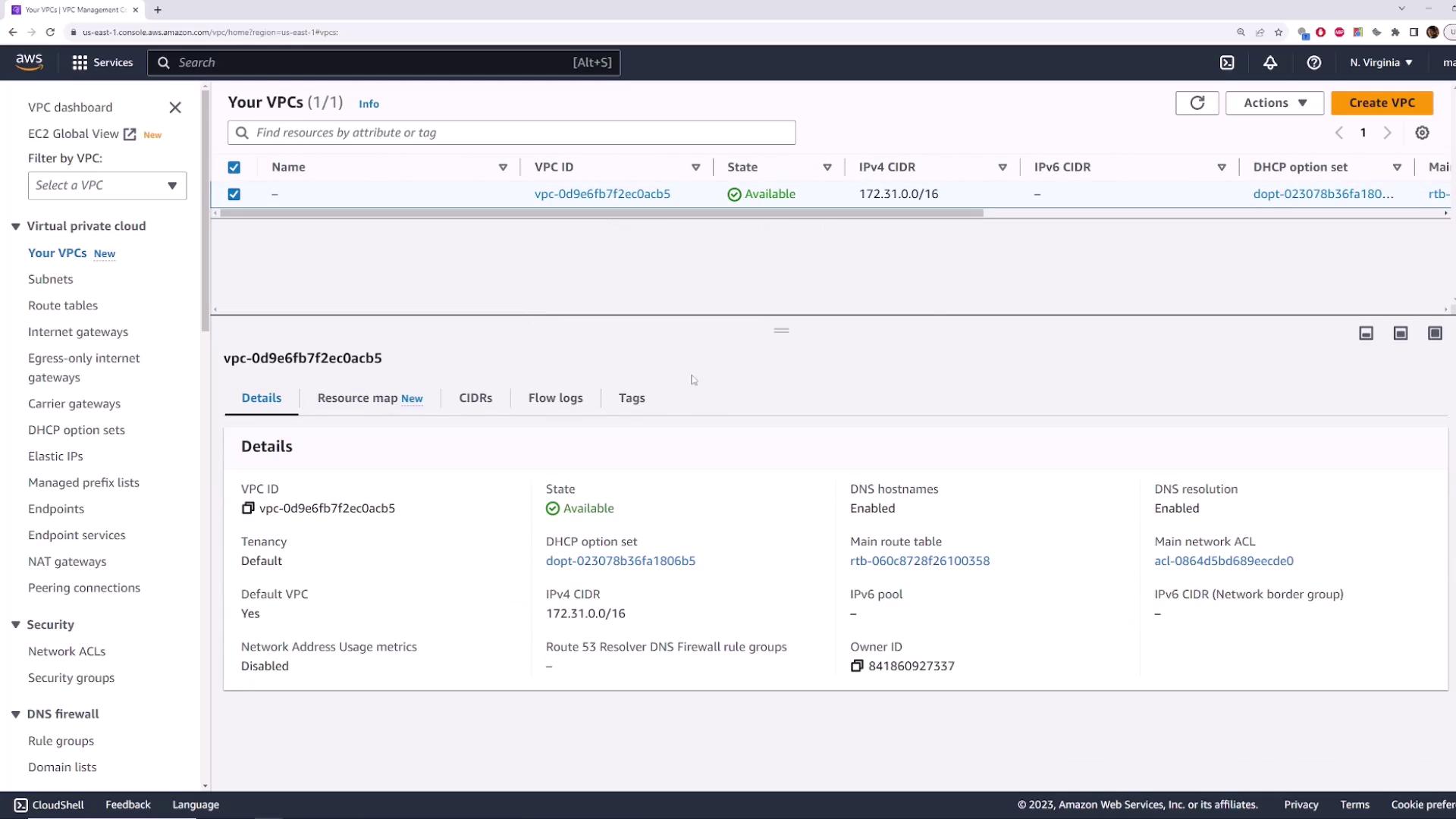 The image shows an AWS VPC management console with details of a specific VPC, including its ID, state, and configuration settings. The VPC is marked as available with DNS hostnames and resolution enabled.