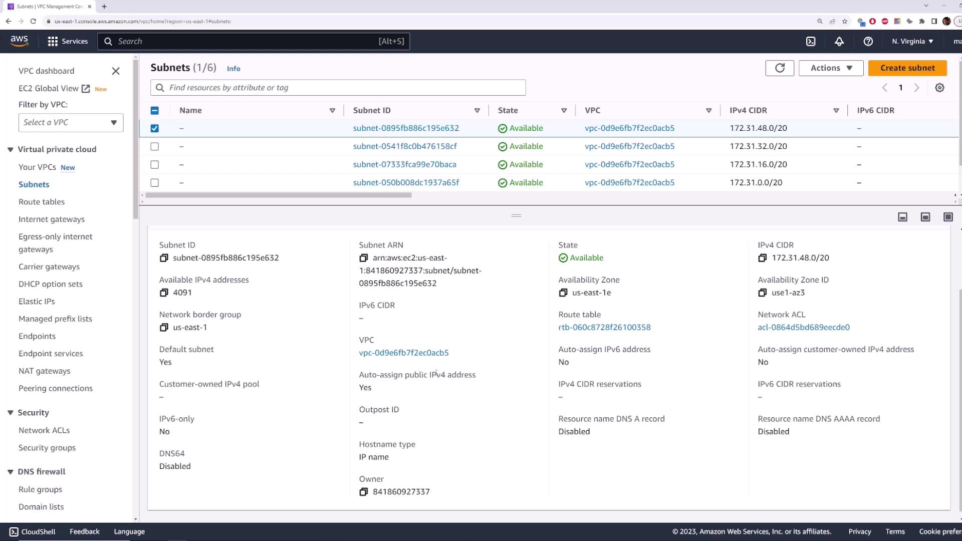 The image shows the AWS VPC Management Console displaying a list of subnets with details such as Subnet ID, state, and VPC information. The selected subnet's detailed information is shown below, including its IPv4 CIDR and availability zone.