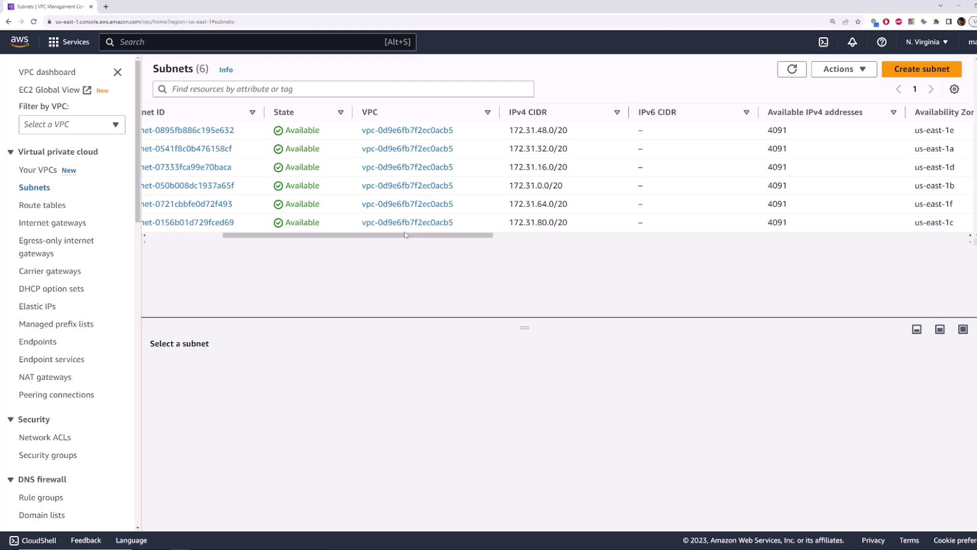 The image shows the AWS VPC Management Console displaying a list of subnets, their statuses, and associated details like VPC, IPv4 CIDR, and availability zones.