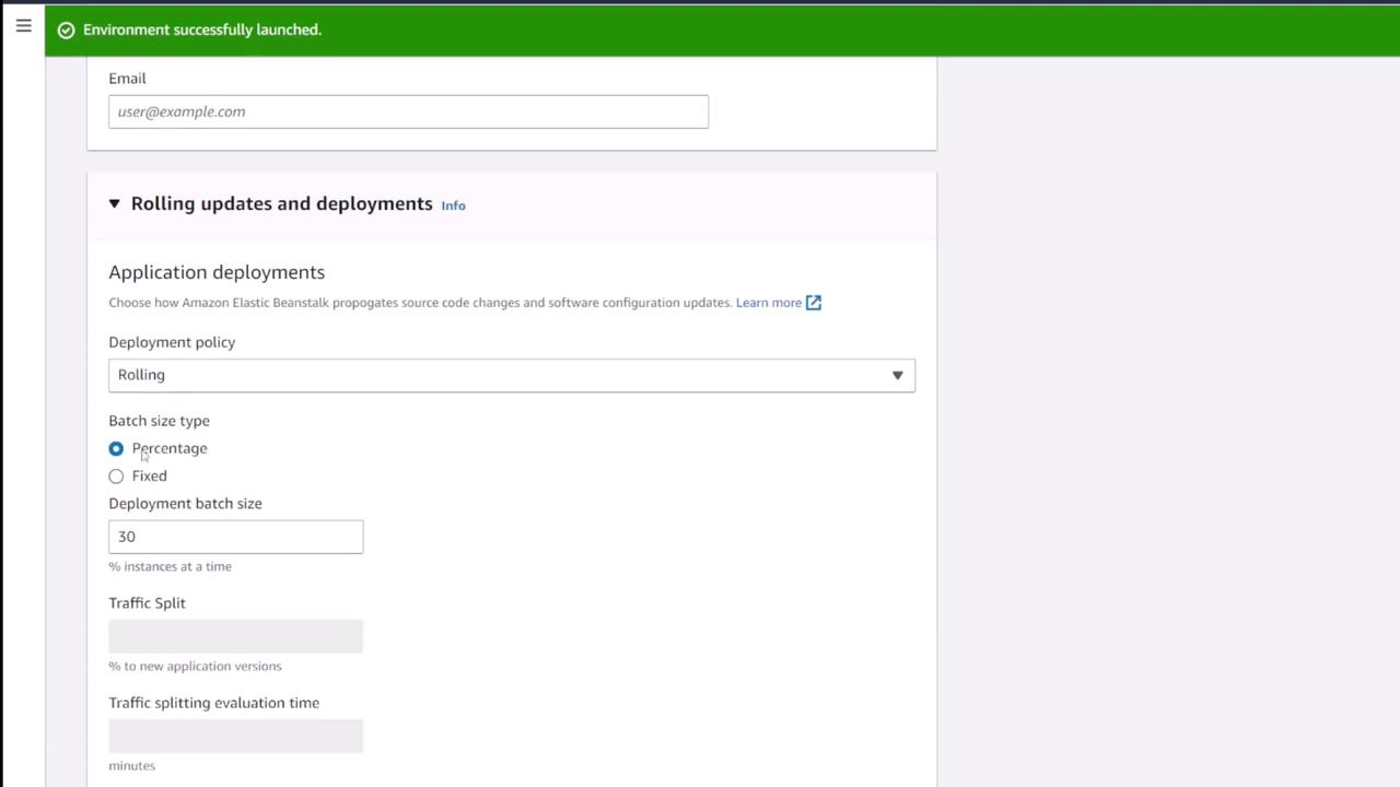 The image shows a configuration screen for Amazon Elastic Beanstalk, focusing on application deployments with options for deployment policy, batch size type, and traffic split settings.
