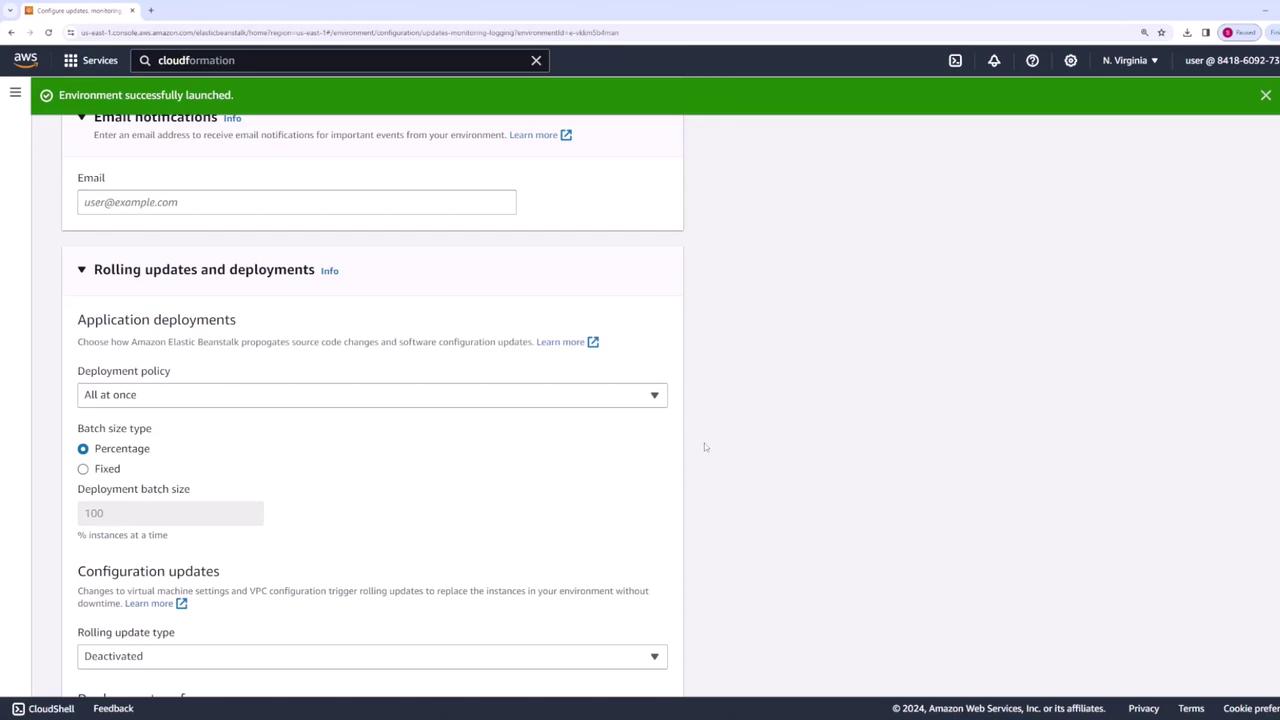 The image shows an AWS Elastic Beanstalk configuration page with options for email notifications, application deployments, and configuration updates. A green banner at the top indicates the environment was successfully launched.