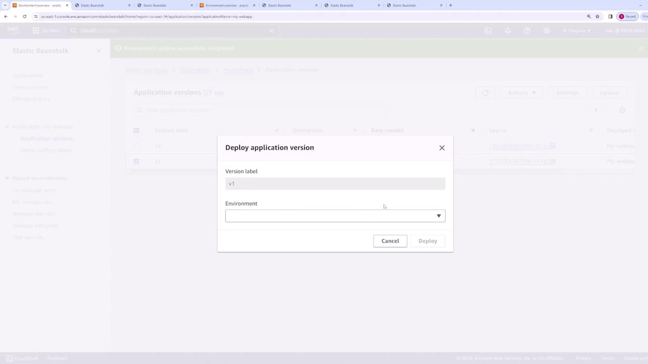 The image shows a dialog box titled "Deploy application version" on the AWS Elastic Beanstalk console, with fields for "Version label" and "Environment."