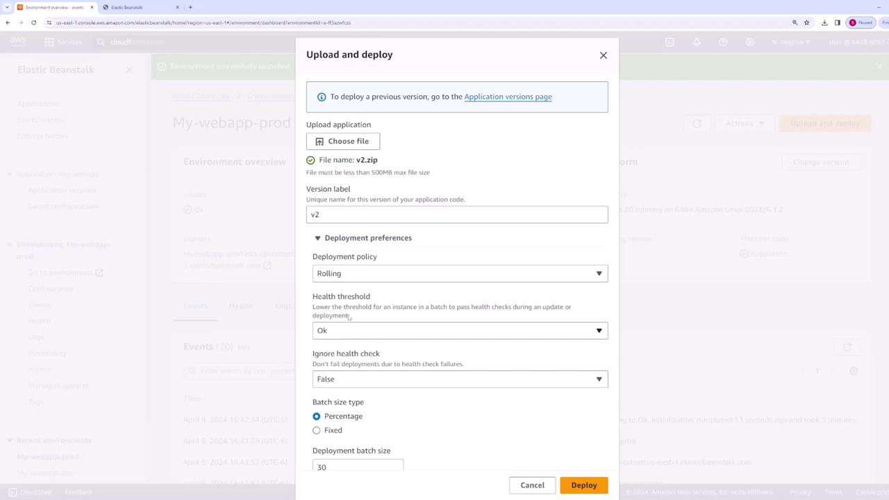 The image shows an AWS Elastic Beanstalk interface for uploading and deploying an application, with options for deployment preferences and batch size settings.
