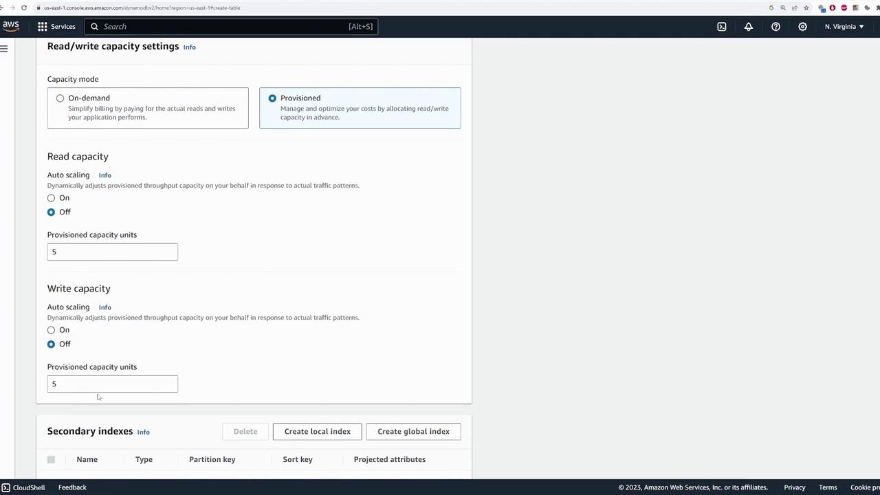 The image shows the AWS DynamoDB console with settings for read/write capacity, including options for on-demand and provisioned capacity modes, and auto-scaling settings for read and write capacity.