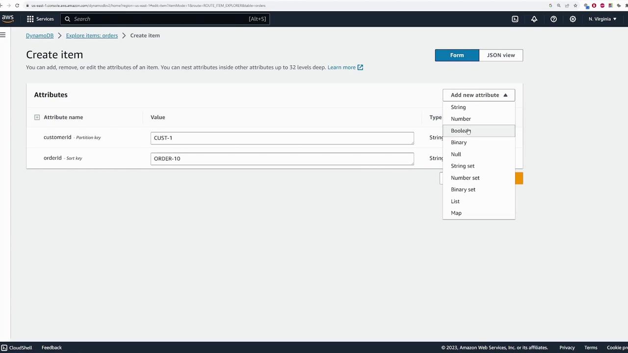 The image shows an AWS DynamoDB console where a user is creating an item with attributes "customerId" and "orderId." A dropdown menu for adding a new attribute type is visible.