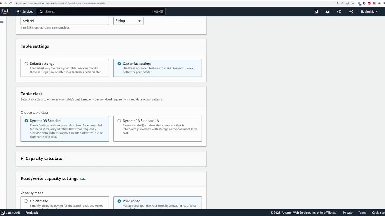 The image shows an AWS DynamoDB console interface where users can configure table settings, choose a table class, and set read/write capacity settings.