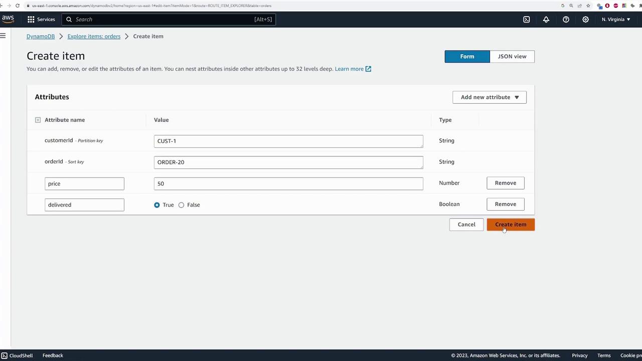 The image shows an AWS DynamoDB console where a user is creating an item with attributes like customerId, orderId, price, and delivered status. The "Create item" button is highlighted.