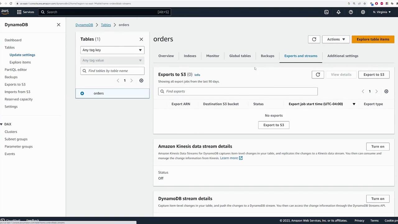 The image shows an AWS DynamoDB console interface, specifically the "Exports and streams" tab for a table named "orders," with options for exporting to S3 and managing data streams.
