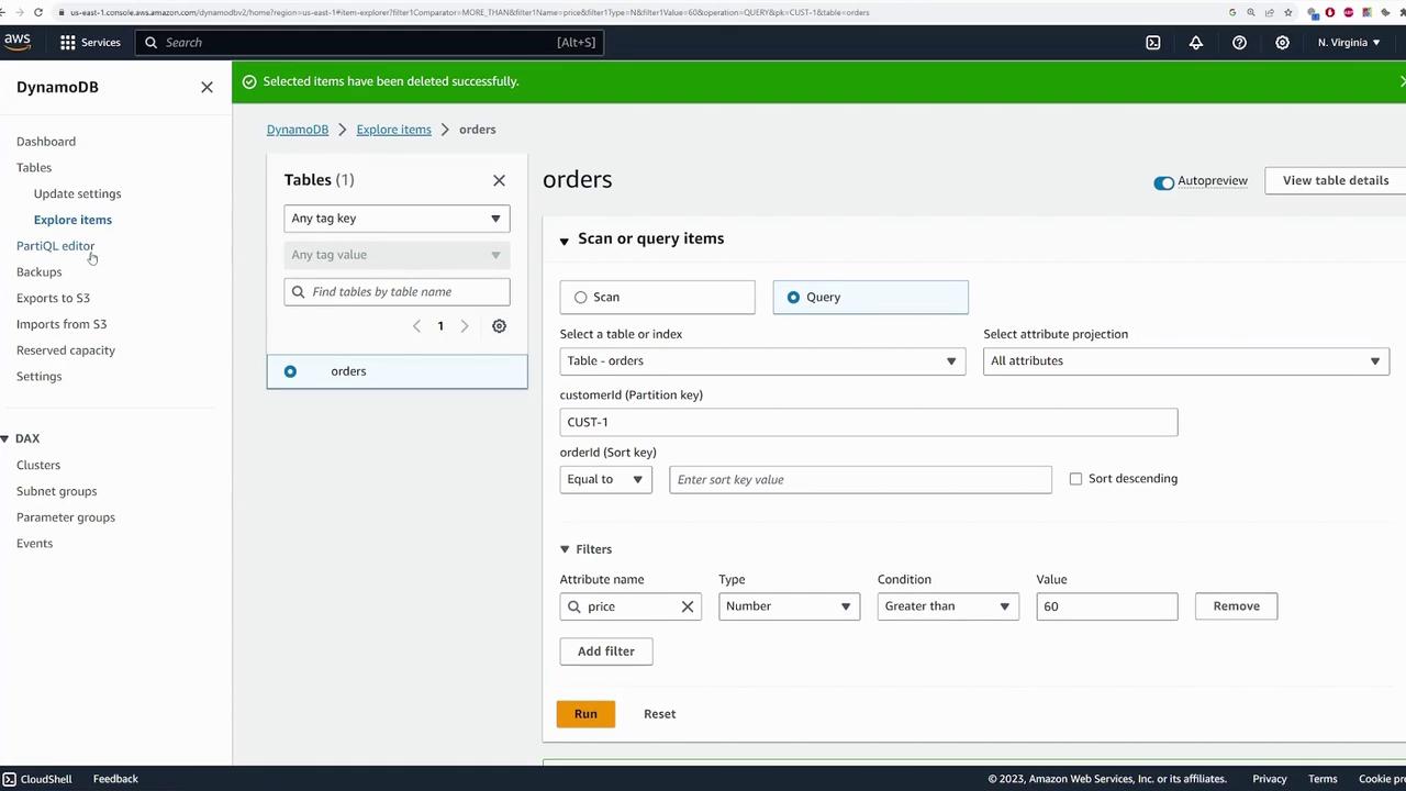 The image shows the AWS DynamoDB console with a query setup for the "orders" table, filtering items where the price is greater than 60. The interface includes options for scanning or querying items and setting partition and sort keys.