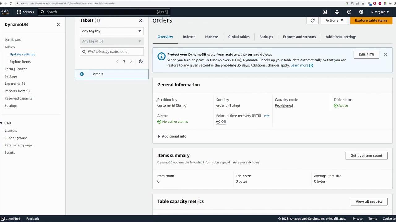 The image shows the AWS DynamoDB console with details of an "orders" table, including partition and sort keys, capacity mode, and table status. The console also displays options for managing and monitoring the table.