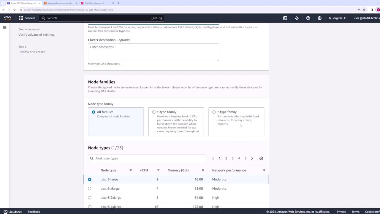 The image shows an AWS console interface for creating a DAX cluster, with options for selecting node families and types. It includes details like vCPU, memory, and network performance for different node types.