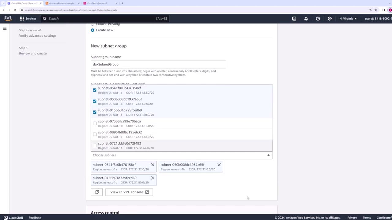The image shows an AWS console screen where a new subnet group is being created, with several subnets selected and listed under "New subnet group."