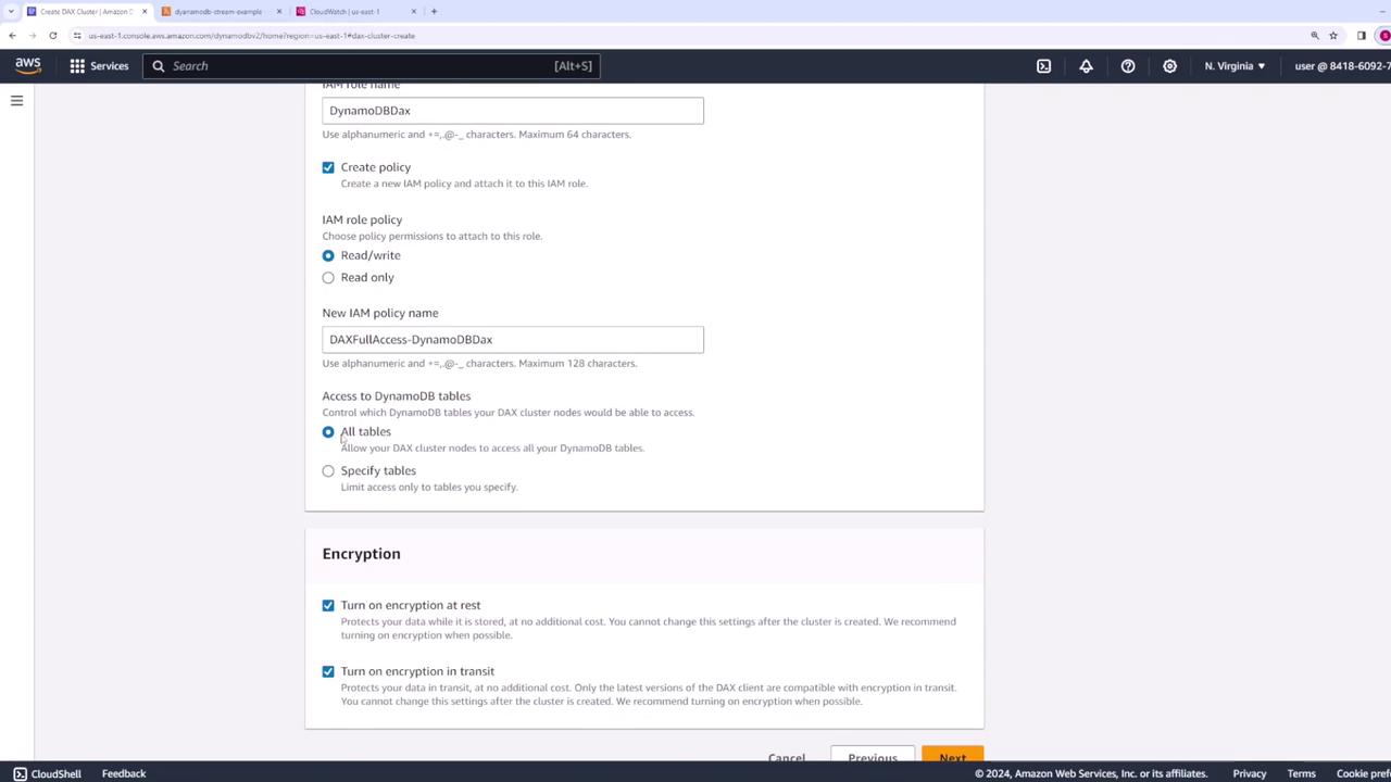 The image shows an AWS console screen for creating a DynamoDB DAX cluster, with options for IAM role settings, access permissions, and encryption settings.