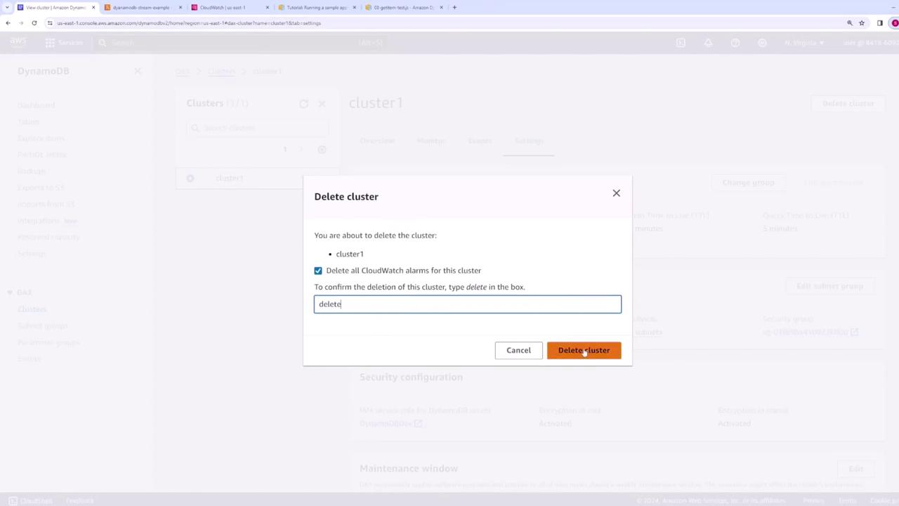 The image shows a confirmation dialog box for deleting a cluster named "cluster1" in an AWS DynamoDB interface, with an option to delete all CloudWatch alarms for the cluster. The user has typed "delete" to confirm the action.