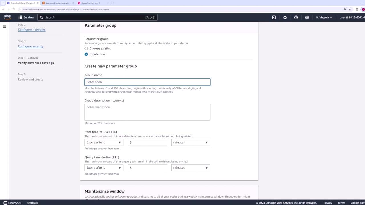 The image shows an AWS management console screen for creating a new parameter group, with fields for group name, description, and time-to-live settings.