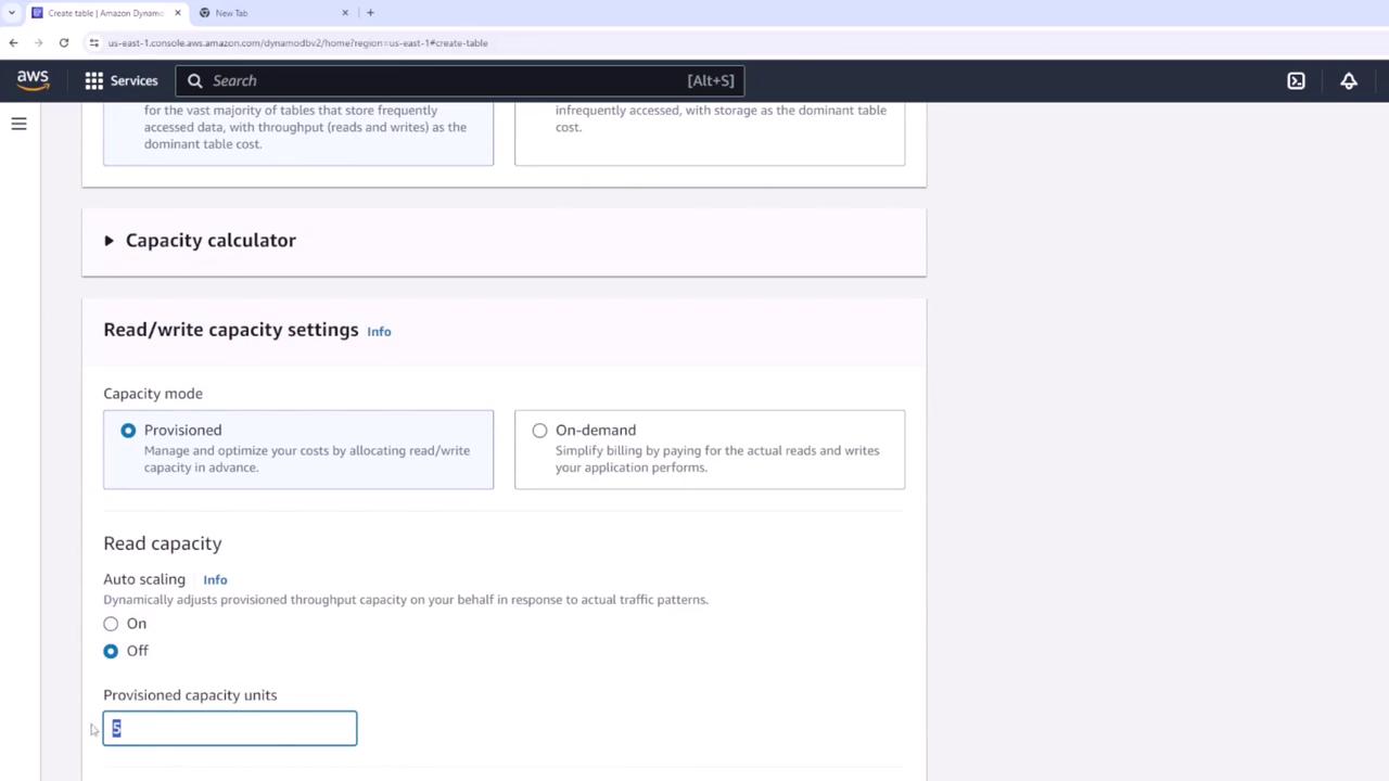 The image shows a section of the AWS DynamoDB console where read/write capacity settings are being configured, with options for provisioned and on-demand capacity modes. The provisioned capacity units are set to 5, and auto-scaling is turned off.