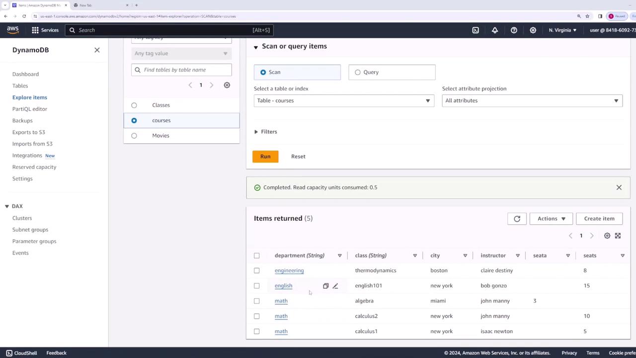The image shows the AWS DynamoDB console with a table named "courses" selected, displaying a list of items with details such as department, class, city, instructor, and seats.