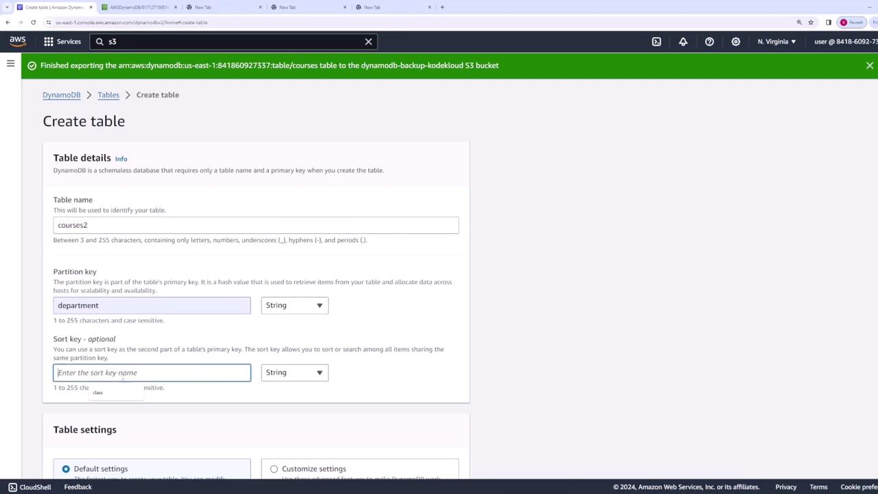 The image shows the AWS DynamoDB console where a user is creating a new table named "courses2" with a partition key labeled "department."