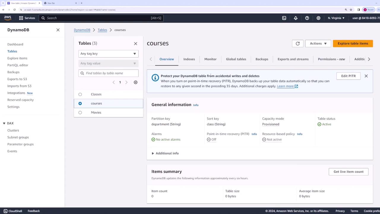 The image shows the AWS DynamoDB console with a focus on the "courses" table, displaying its general information and status. The table is active, with details about partition and sort keys, and point-in-time recovery options.