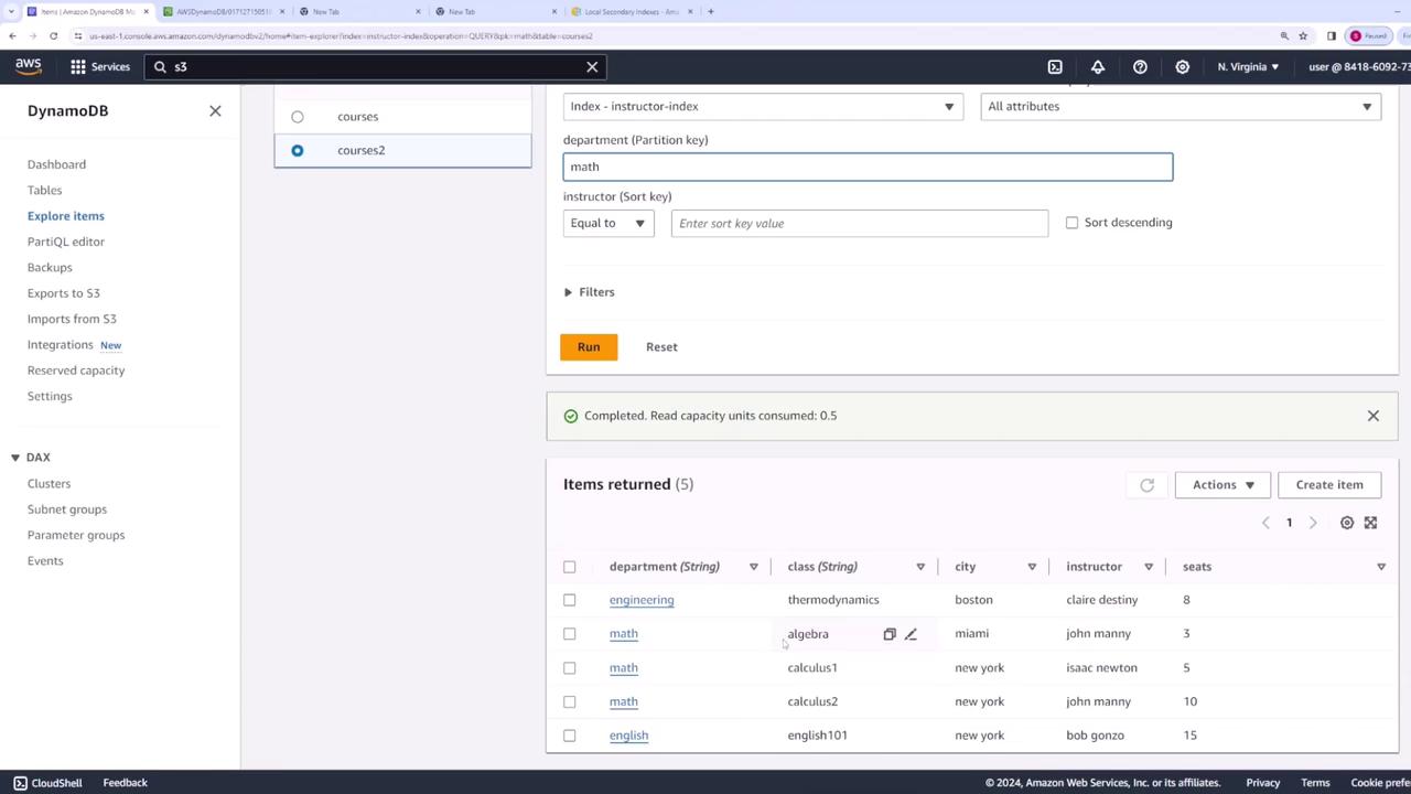 The image shows an AWS DynamoDB console with a query result displaying a list of items from a table named "courses2," filtered by the "math" department.