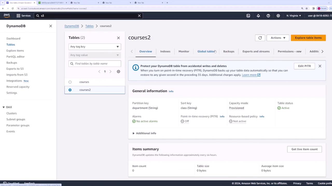 The image shows the AWS DynamoDB console, displaying details of a table named "courses2" with its general information and status. The table is active, with no items currently present.
