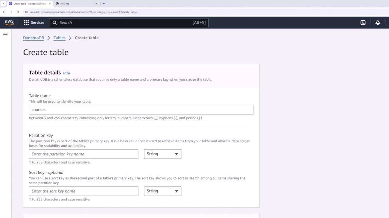 The image shows a screenshot of the AWS DynamoDB console, specifically the "Create table" page, where a table named "courses" is being set up with fields for partition and sort keys.