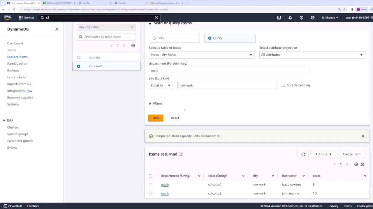 The image shows an AWS DynamoDB console where a query is being run on a table named "courses2" to filter items by department "math" and city "new york," returning two results.