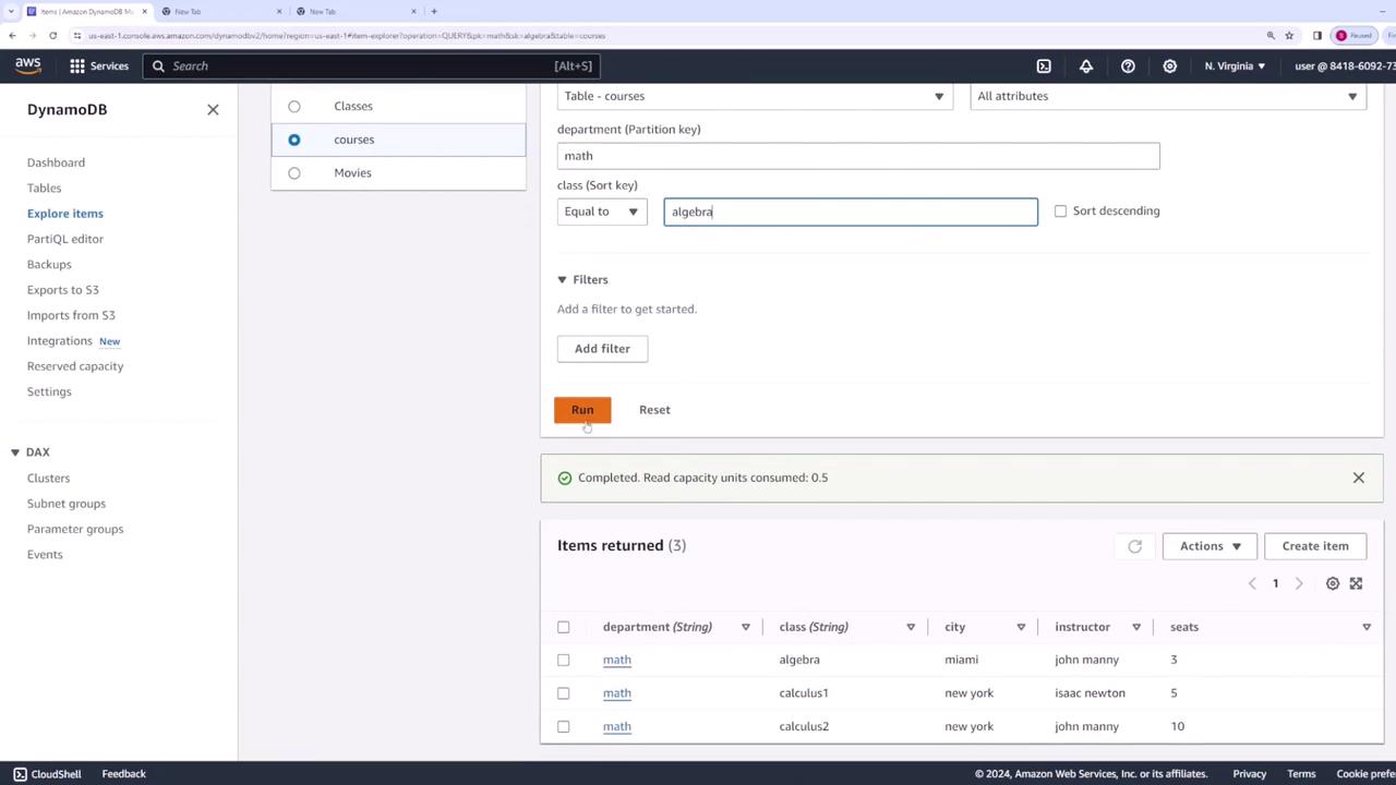 The image shows an AWS DynamoDB console with a query for courses in the "math" department, specifically for the "algebra" class. The results display three items with details such as department, class, city, instructor, and seats.