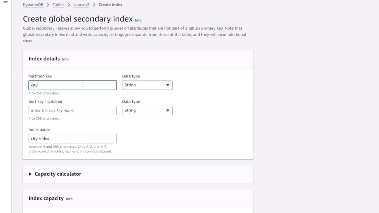 The image shows a web interface for creating a global secondary index in DynamoDB, with fields for partition key, sort key, and index name. The partition key is set to "city" and the index name is "city-index".