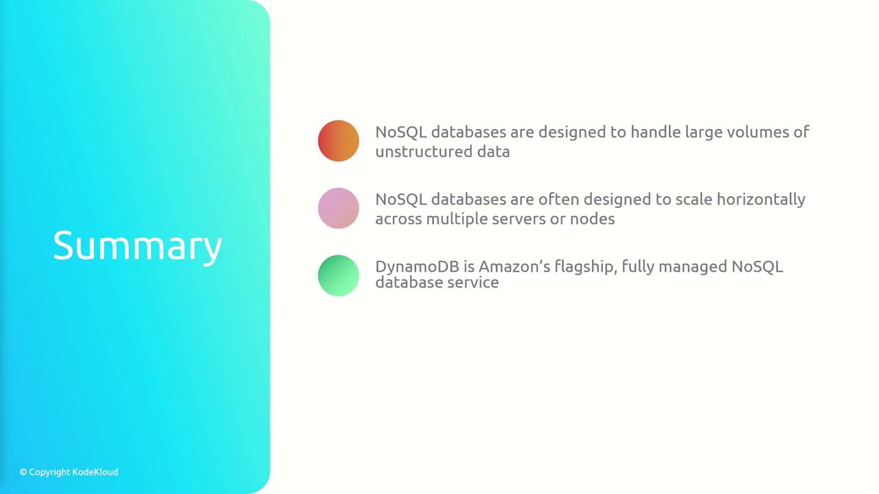 The image is a summary slide about NoSQL databases, highlighting their ability to handle large volumes of unstructured data, scale horizontally, and mentioning DynamoDB as Amazon's flagship NoSQL service.