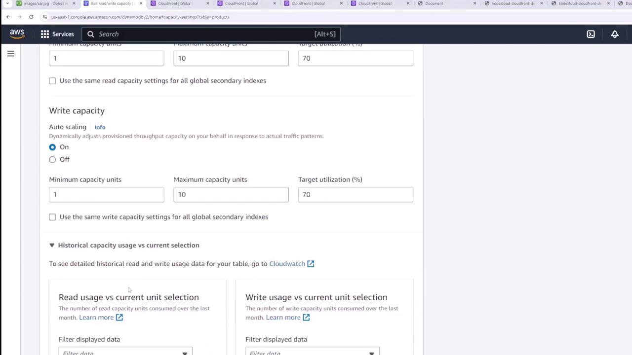 The image shows an AWS console interface for configuring write capacity settings, including options for auto-scaling, minimum and maximum capacity units, and target utilization percentage.