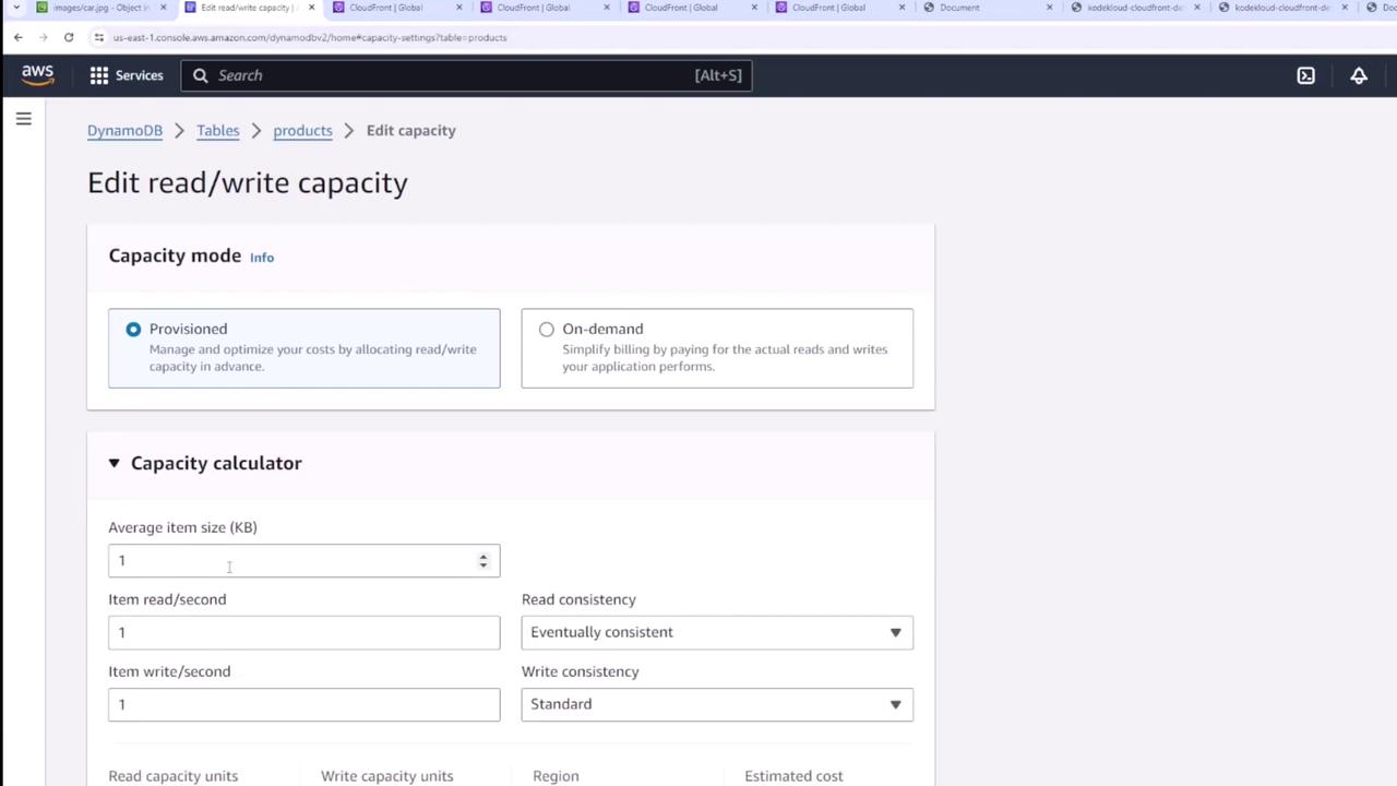 The image shows an AWS DynamoDB console screen for editing read/write capacity settings, including options for capacity mode and a capacity calculator.