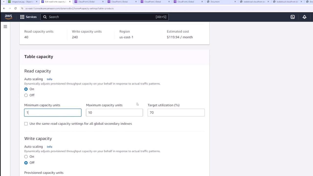 The image shows an AWS DynamoDB console screen with settings for table capacity, including read and write capacity units, auto-scaling options, and estimated costs.