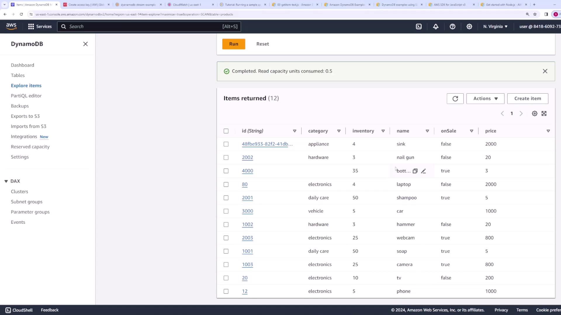 The image shows an Amazon DynamoDB console with a table displaying items, including columns for ID, category, inventory, name, onSale status, and price. The sidebar contains navigation options like Dashboard, Tables, and Explore items.