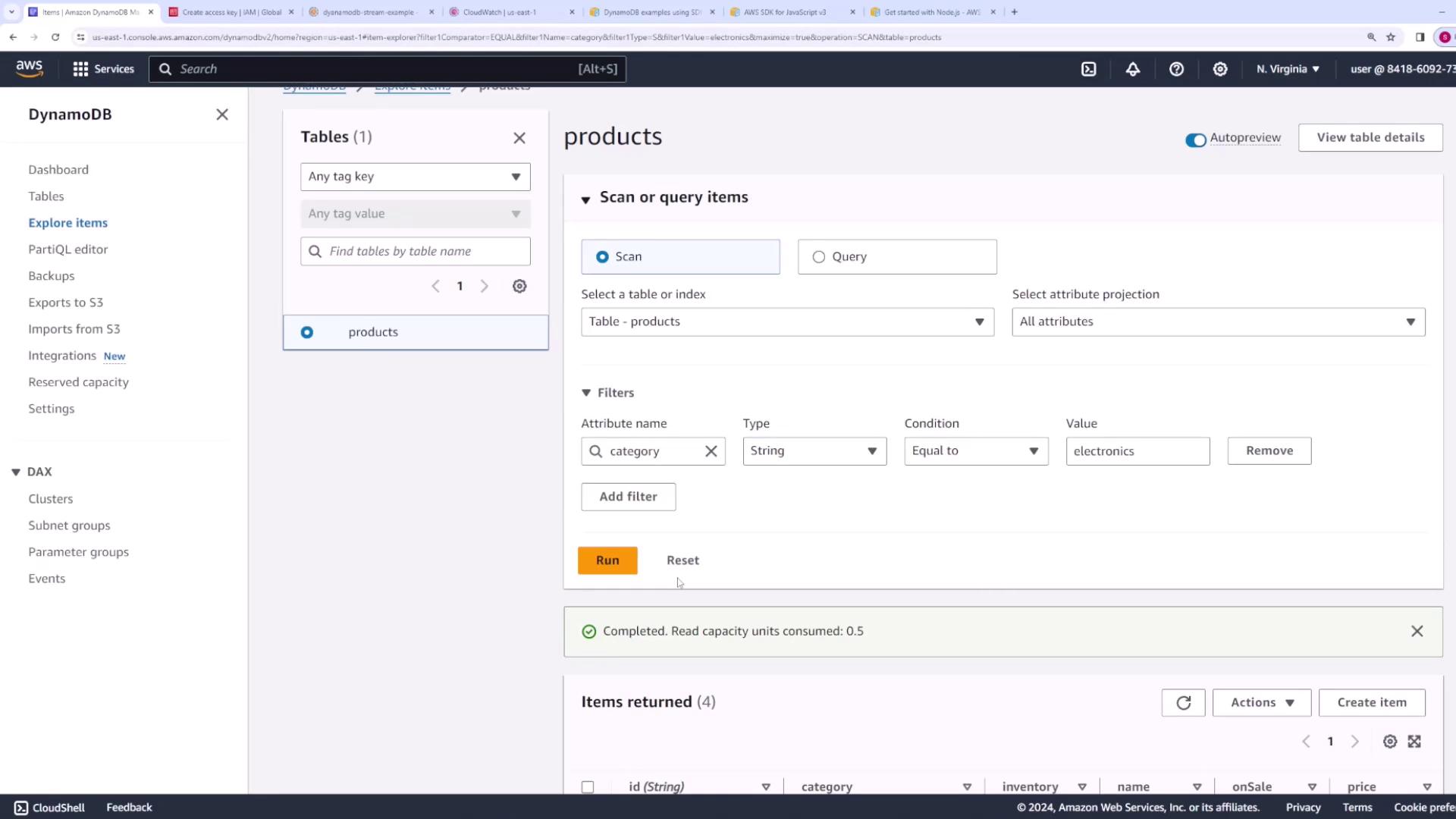 The image shows the AWS DynamoDB console with a query interface for a table named "products," filtering items where the category is "electronics."