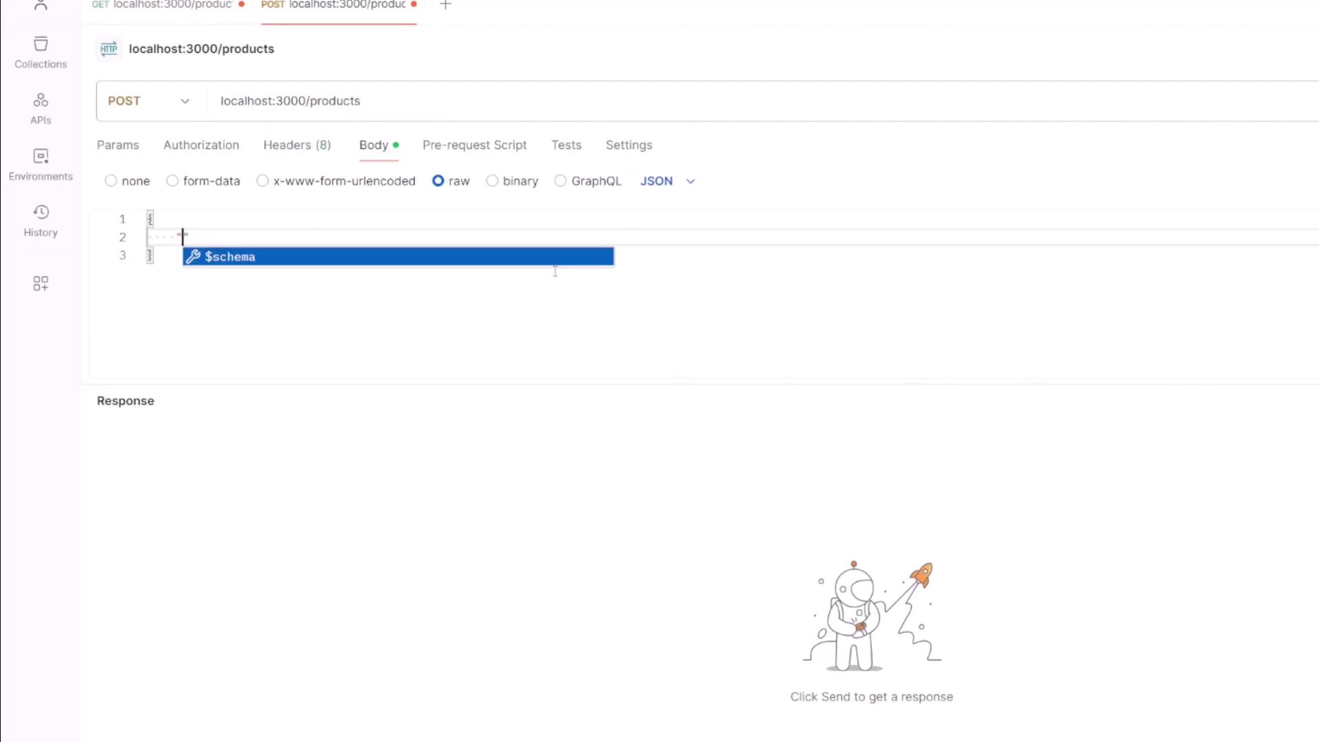The image shows a Postman interface with a POST request to "localhost:3000/products" and a JSON body being edited. There's a small illustration of a character with a rocket in the response section.