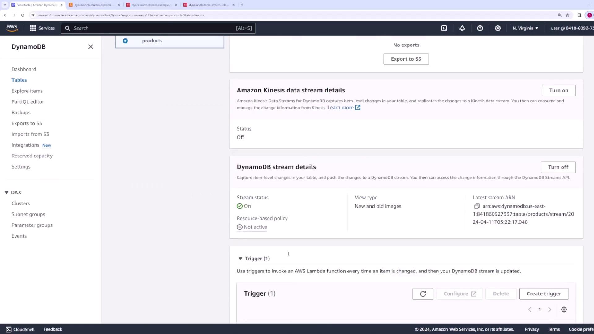 The image shows an AWS DynamoDB console with details about data streams and triggers. It includes options to manage Amazon Kinesis data streams and DynamoDB stream details, with a trigger section for AWS Lambda functions.