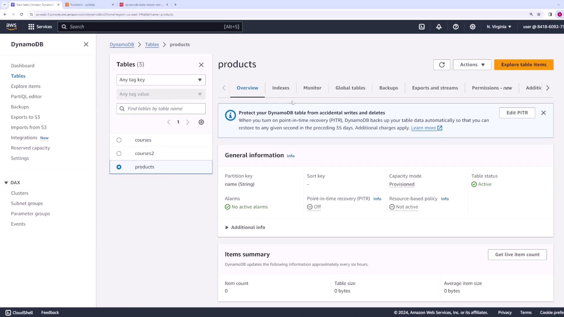 The image shows the AWS DynamoDB console with a focus on the "products" table, displaying its general information and status. The table is active, with no items currently present.