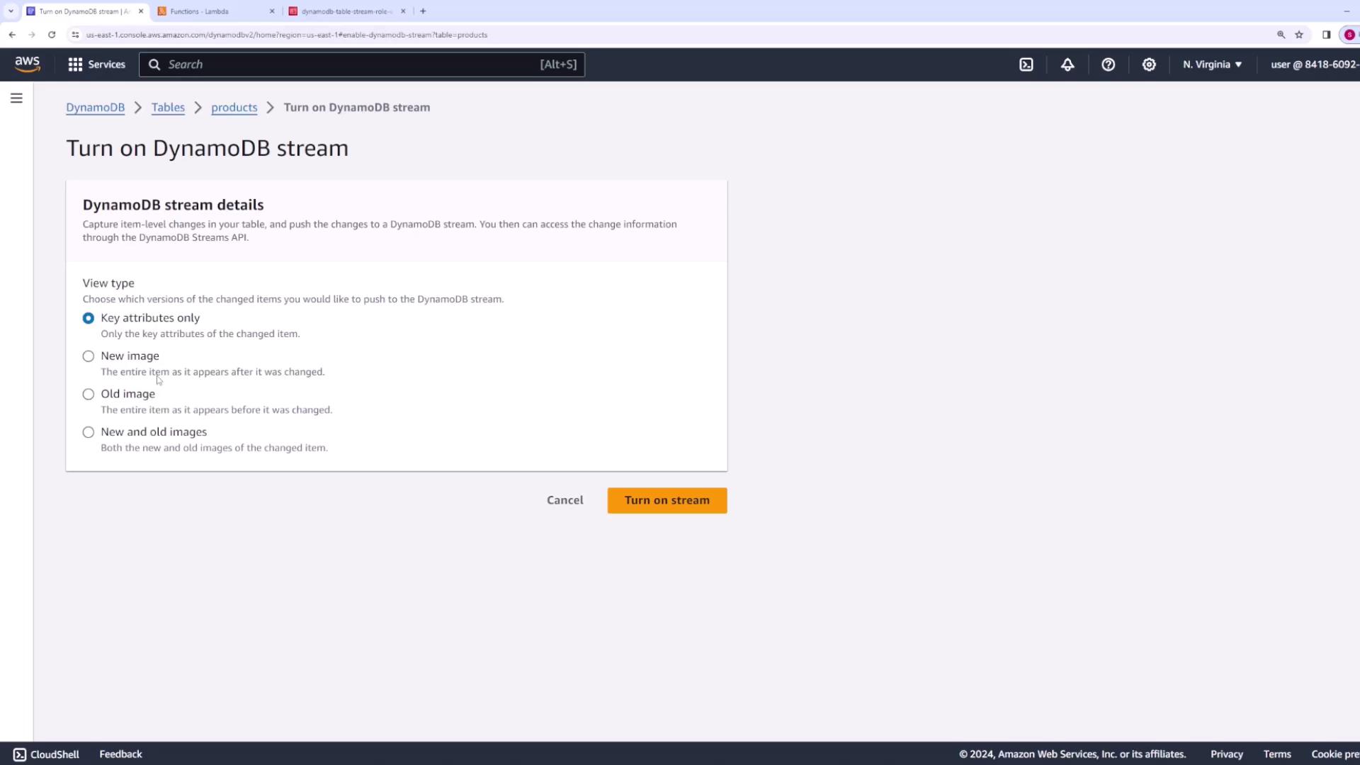 The image shows an AWS console screen for turning on a DynamoDB stream, with options to select the view type for capturing changes in a table. There are buttons to cancel or turn on the stream.