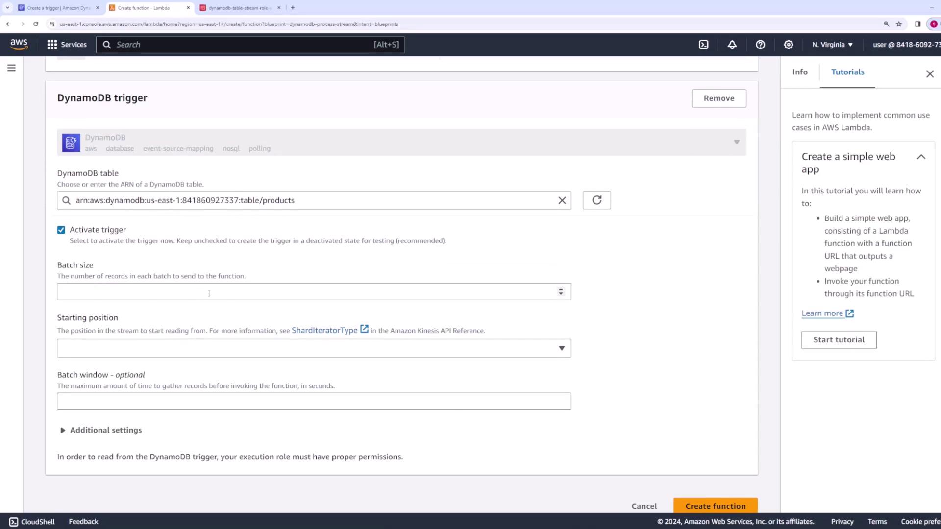 The image shows an AWS Lambda console screen where a DynamoDB trigger is being configured. It includes options for selecting a DynamoDB table, activating the trigger, setting batch size, and choosing the starting position.