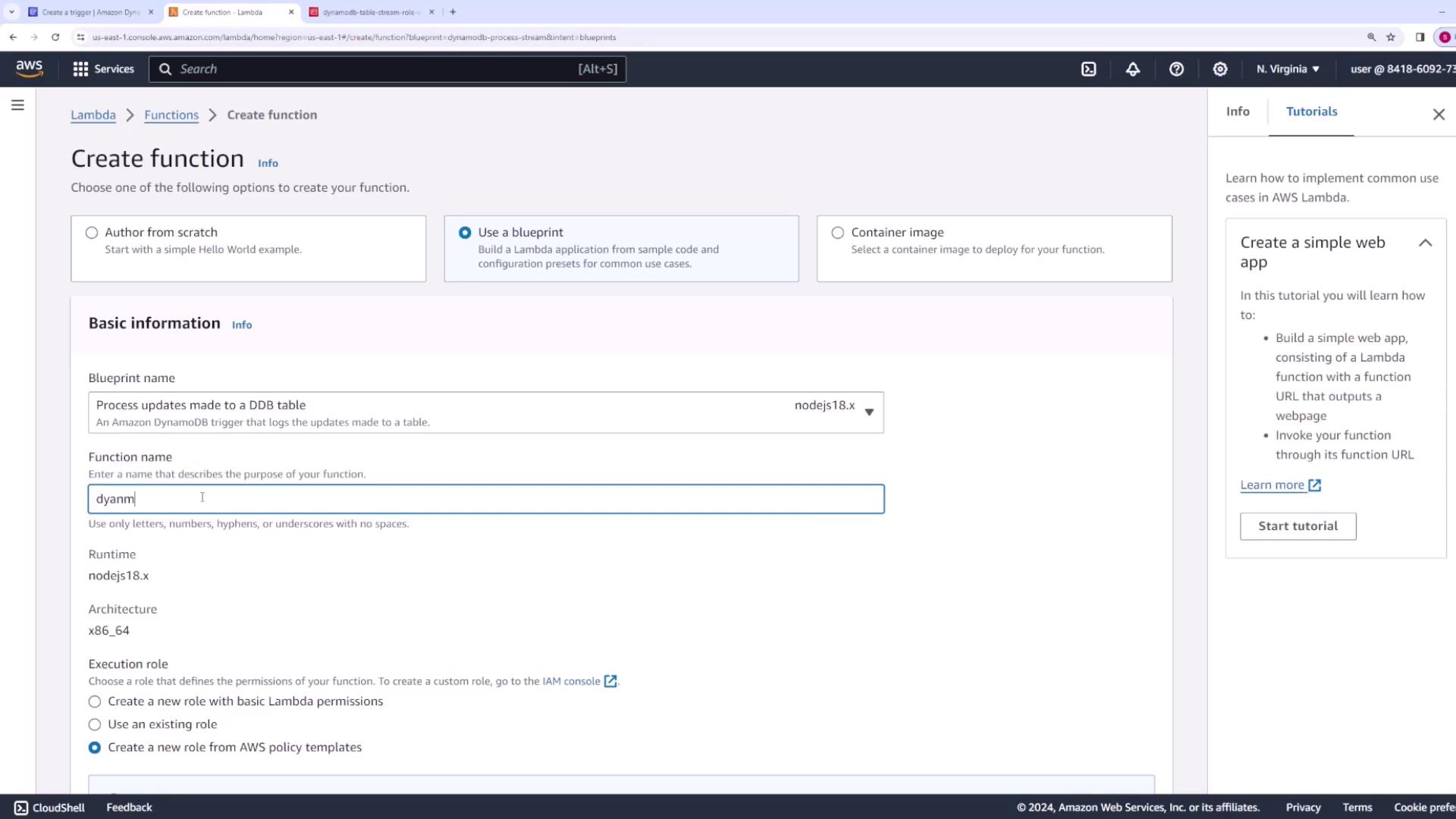 The image shows the AWS Lambda console where a user is creating a function using a blueprint. The interface includes options for naming the function, selecting runtime, and setting execution roles.