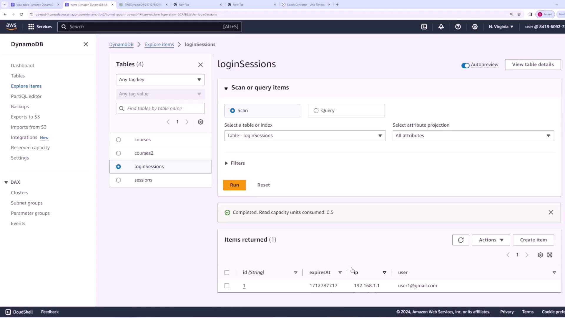 The image shows an AWS DynamoDB console with a table named "loginSessions" selected, displaying a single item with details such as ID, expiration time, IP address, and user email.
