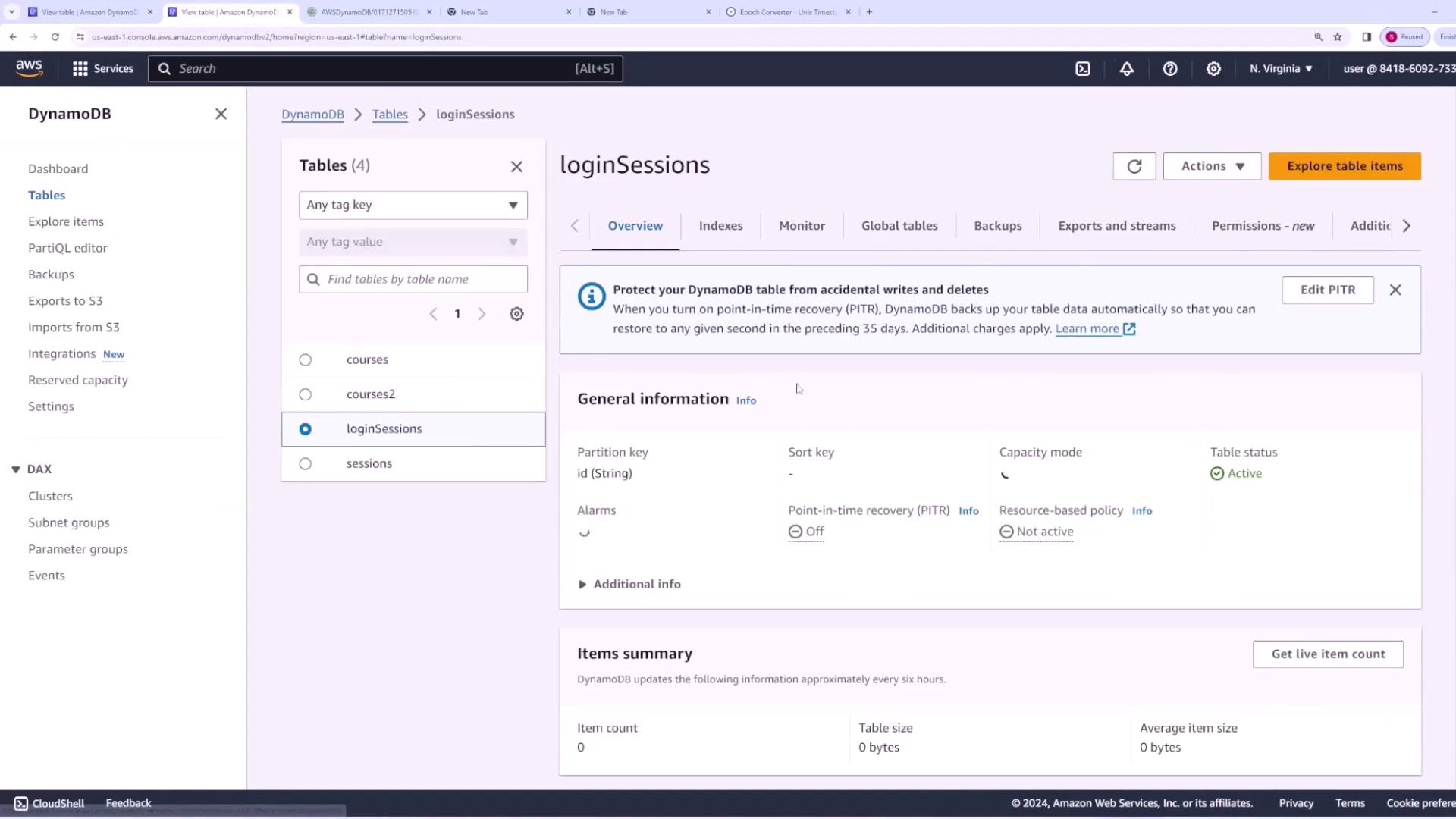 The image shows an AWS DynamoDB console interface, displaying details of a table named "loginSessions" with options for managing and viewing table information.