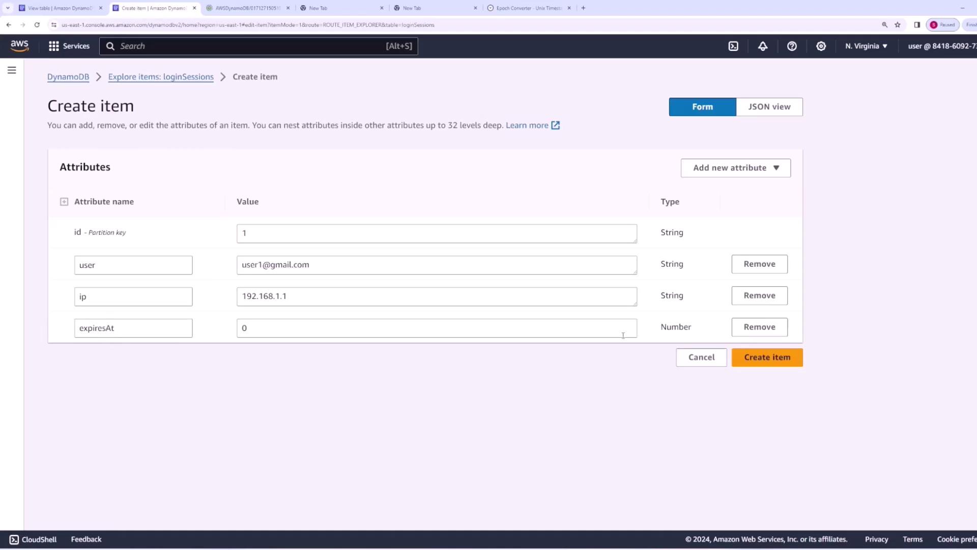 The image shows an AWS DynamoDB interface where a user is creating an item with attributes such as "id," "user," "ip," and "expiresAt."