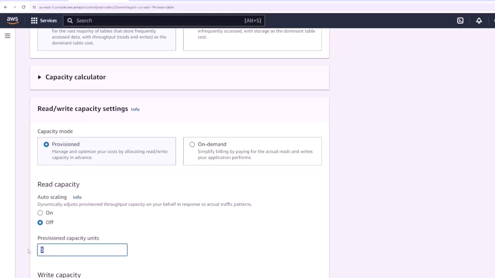 The image shows a screenshot of the AWS DynamoDB console, specifically the "Read/write capacity settings" section, where the user can choose between "Provisioned" and "On-demand" capacity modes and set read and write capacity units.