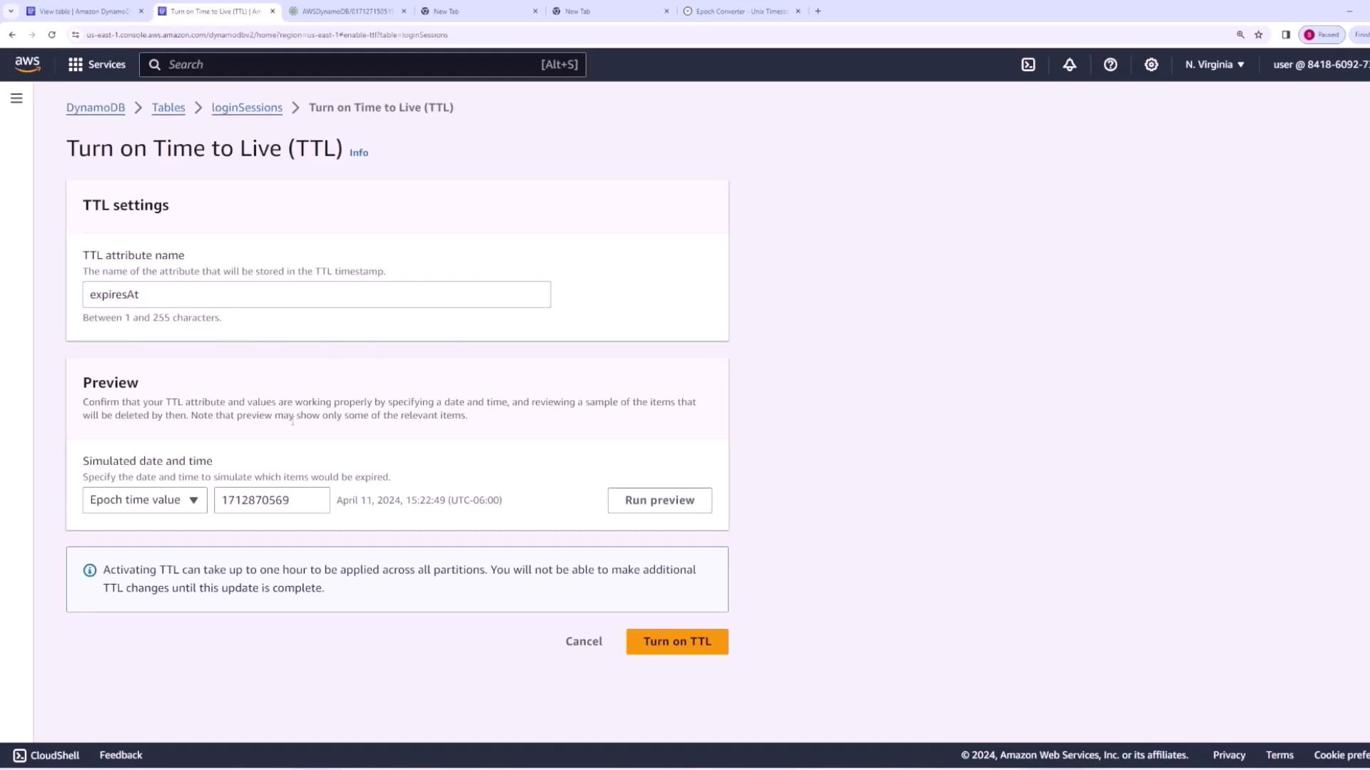 The image shows an AWS DynamoDB interface for configuring the "Time to Live" (TTL) settings, including fields for TTL attribute name and a preview section for simulating expiration.