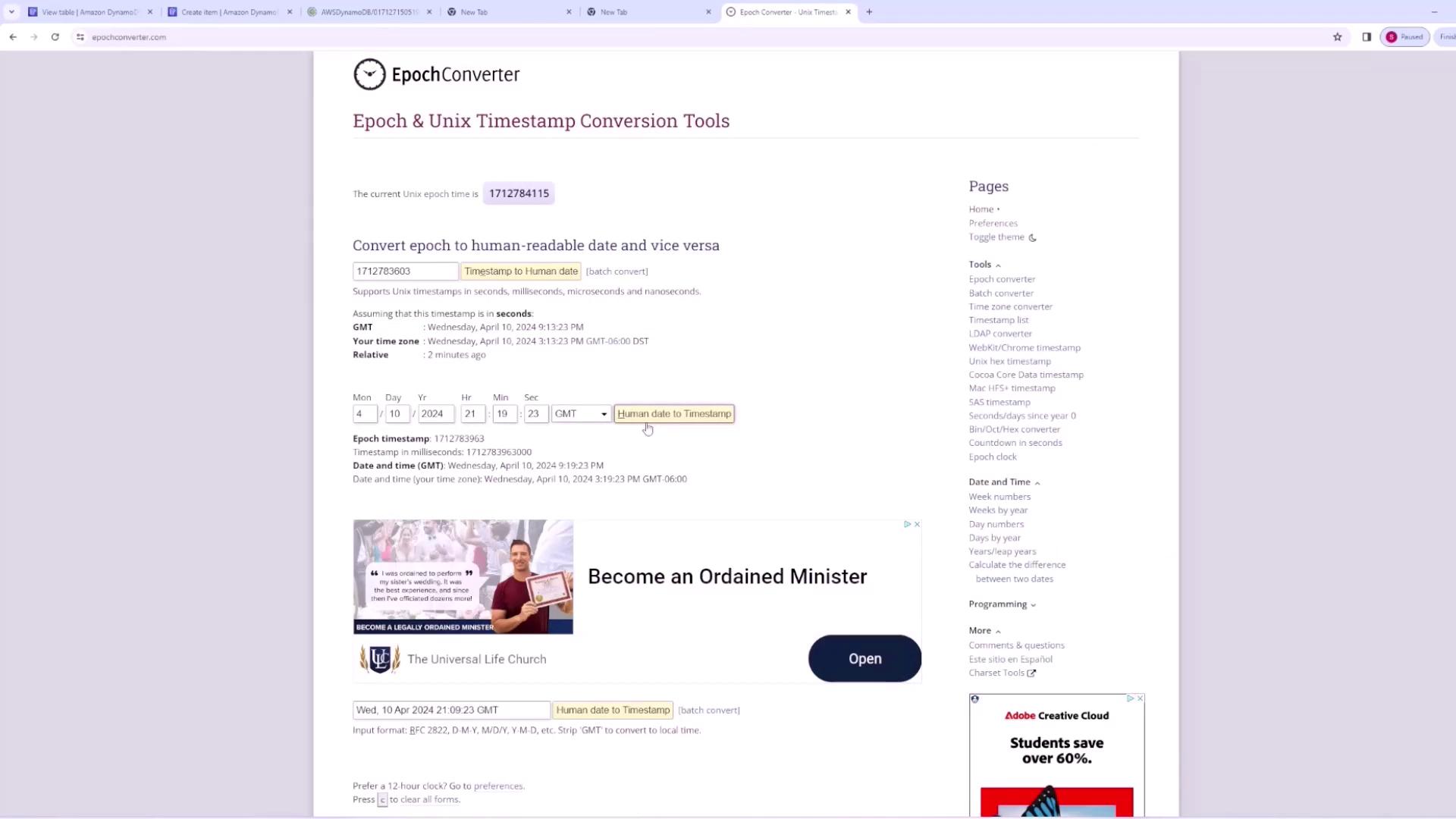 The image shows a webpage from EpochConverter, a tool for converting epoch and Unix timestamps to human-readable dates. It includes input fields for date conversion and displays the converted date and time, along with some advertisements.
