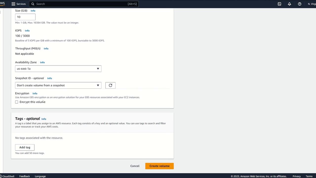 The image shows an Amazon Web Services (AWS) interface for creating an EBS volume, with options for size, IOPS, availability zone, encryption, and tags.
