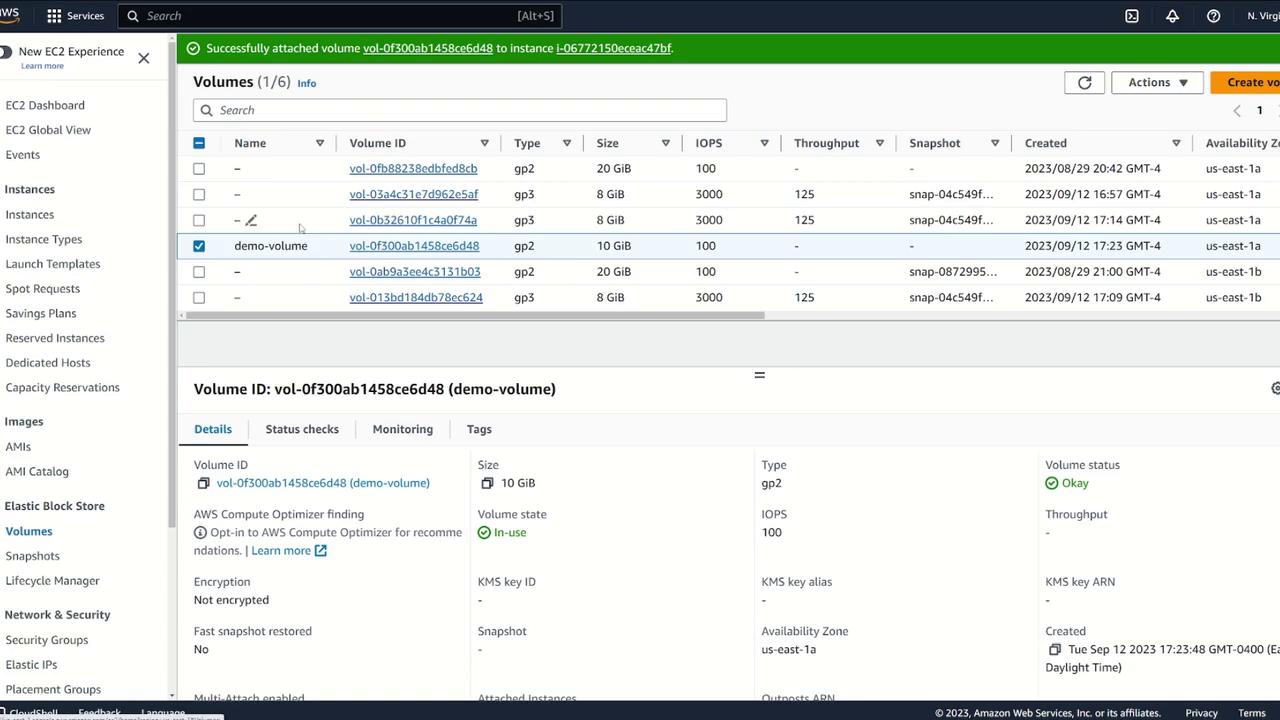 The image shows an AWS EC2 dashboard displaying a list of volumes, with details about a specific volume named "demo-volume" highlighted, including its ID, type, size, and status.