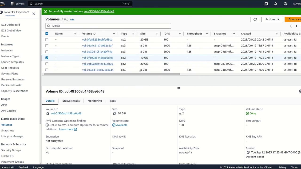 The image shows an AWS EC2 dashboard displaying a list of EBS volumes with details such as volume ID, type, size, and status. A specific volume is highlighted, showing its detailed information below.